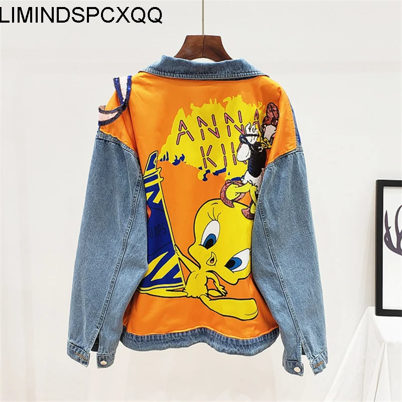 Женская джинсовая куртка с мультяшным принтом блестками длинным рукавом