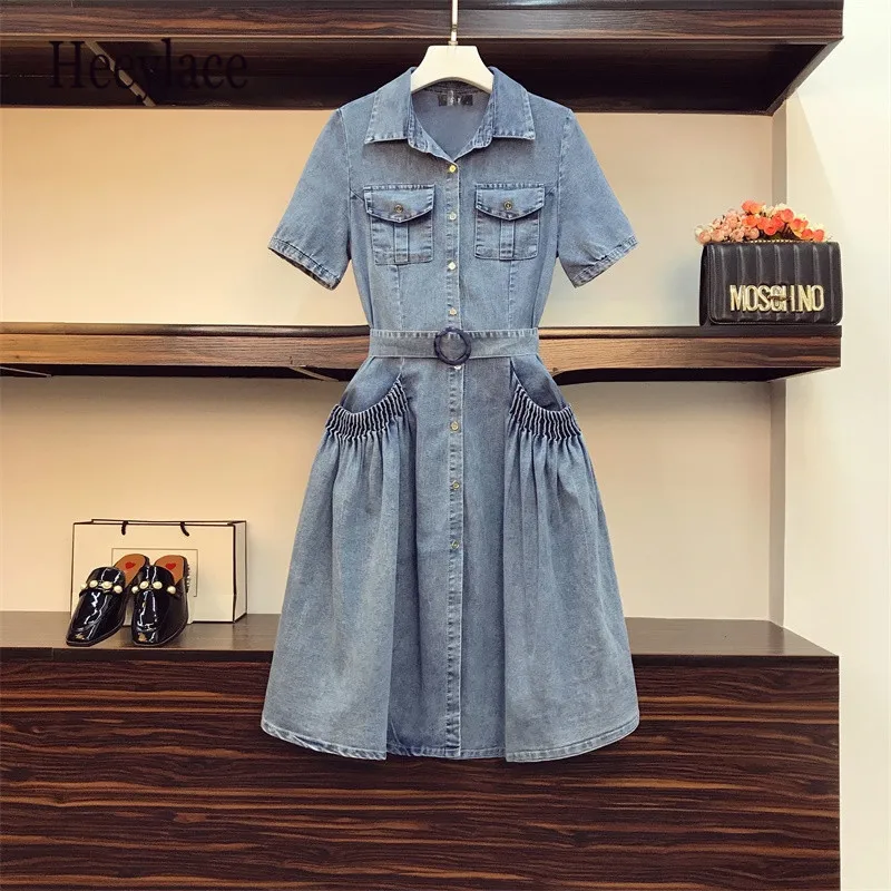 

Plus size Women Retro Denim Dress Korean short Sleeve Single Breasted high waist A-line Dress Summer blue jeans Dress vestidos