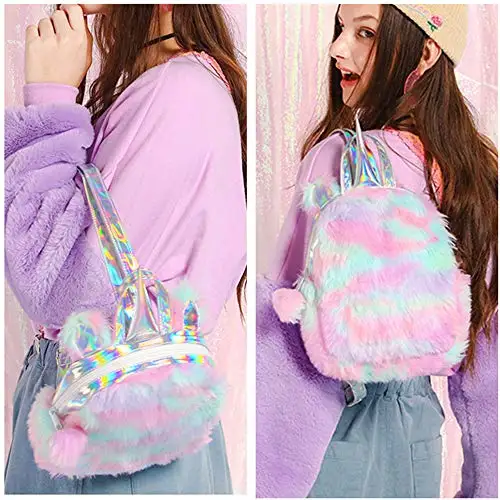 Милый плюшевый Радужный рюкзак мини лазерная школьная сумка дорожный для женщин