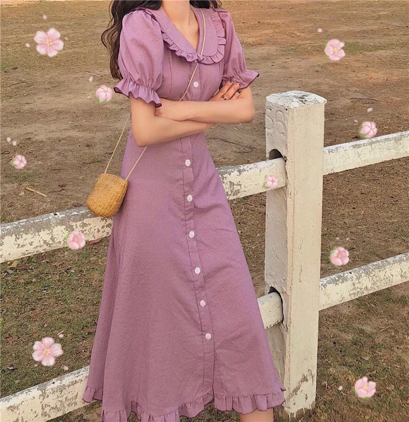 Летнее женское платье в Корейском стиле милое с короткими рукавами и воротником