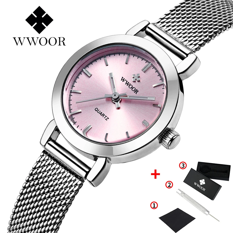 WWOOR Rose, модные женские часы, Роскошные, новые, часы для женщин, водонепроницаемые, женское платье, повседневные, сетчатый ремешок, кварцевые часы для женщин, подарки для женщин - Цвет: 8823Pink