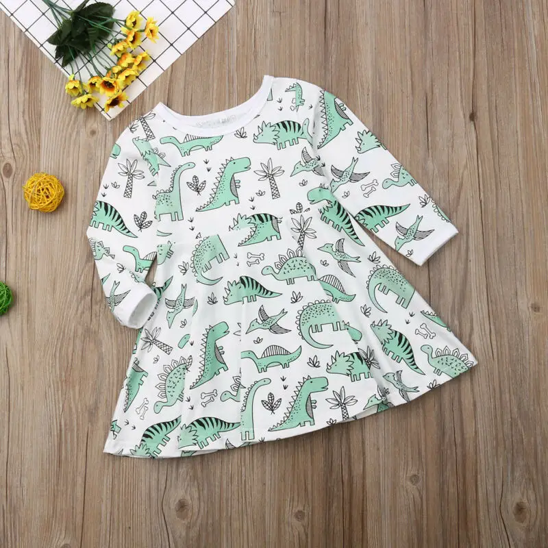 Детское демисезонное мини-платье с длинным рукавом и динозавром | Детская одежда