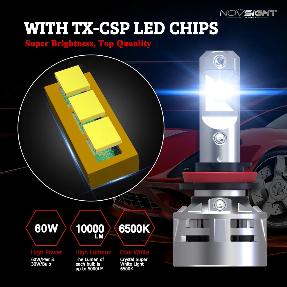 1 пара NOVSIGHT H4 H11 H7 9005 Автомобильные светодиодные фары H16JP 60 Вт 10000LM для вождения