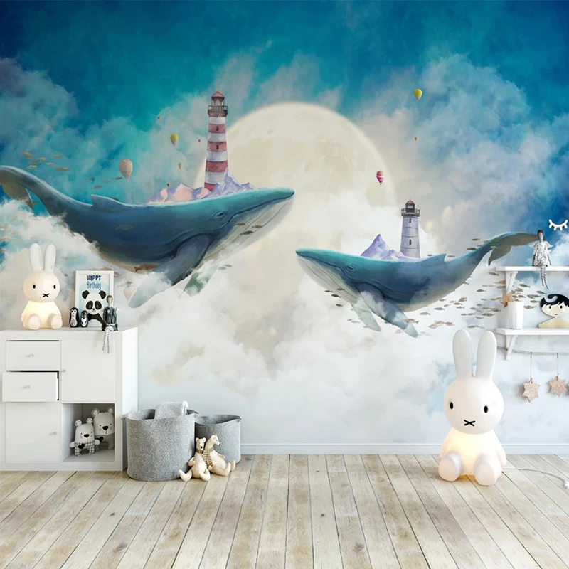 

Custom Photo Mural Wallpaper Nordic Style Creative Hand Painted Sky Blue White Clouds Cartoon Whale Children Room Background Art