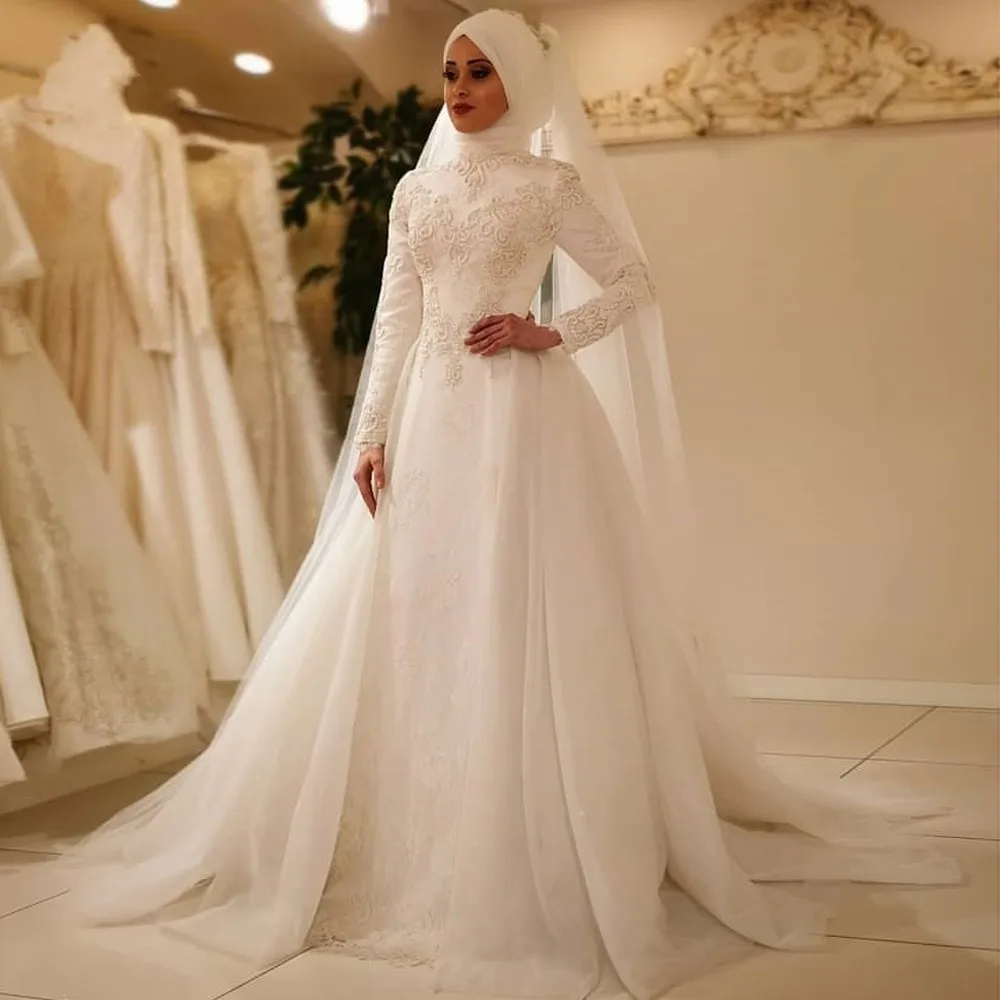 Купи MYYBLE 2022 Vestido De Noiva Elegant Long Sleeve O Neck Muslim Wedding Dresses Tulle Zipper Back Lace Islamic Wedding Gowns за 6,621 рублей в магазине AliExpress
