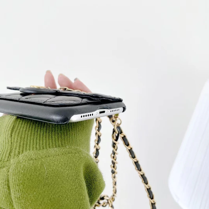 

For IPhone 12 Mini 11 Pro XS Max 7 8 Plus XR CC Back Cover Accessory Luxury Brand New Lambskin Chain Strip Phone Case Crossbody