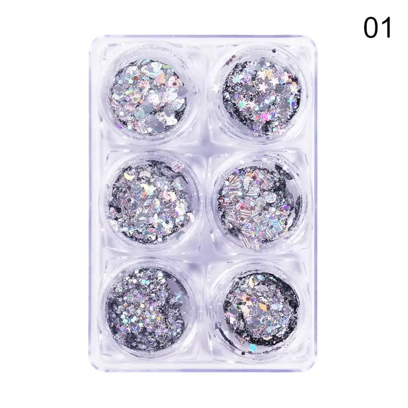 6 boxes-01 6 коробок/набор серебро розовое золото серия ногтей Блеск Макияж голографические блестки Звезда Сердце пигмент 1 коробка красочные украшения ногтей - Цвет: 6 boxes-01