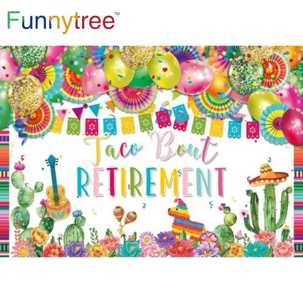 

Funnytree Taco Retirement Party Mexico Backdrop Colourful Banner Festival Cactus Floral Birthday Photography Props Background