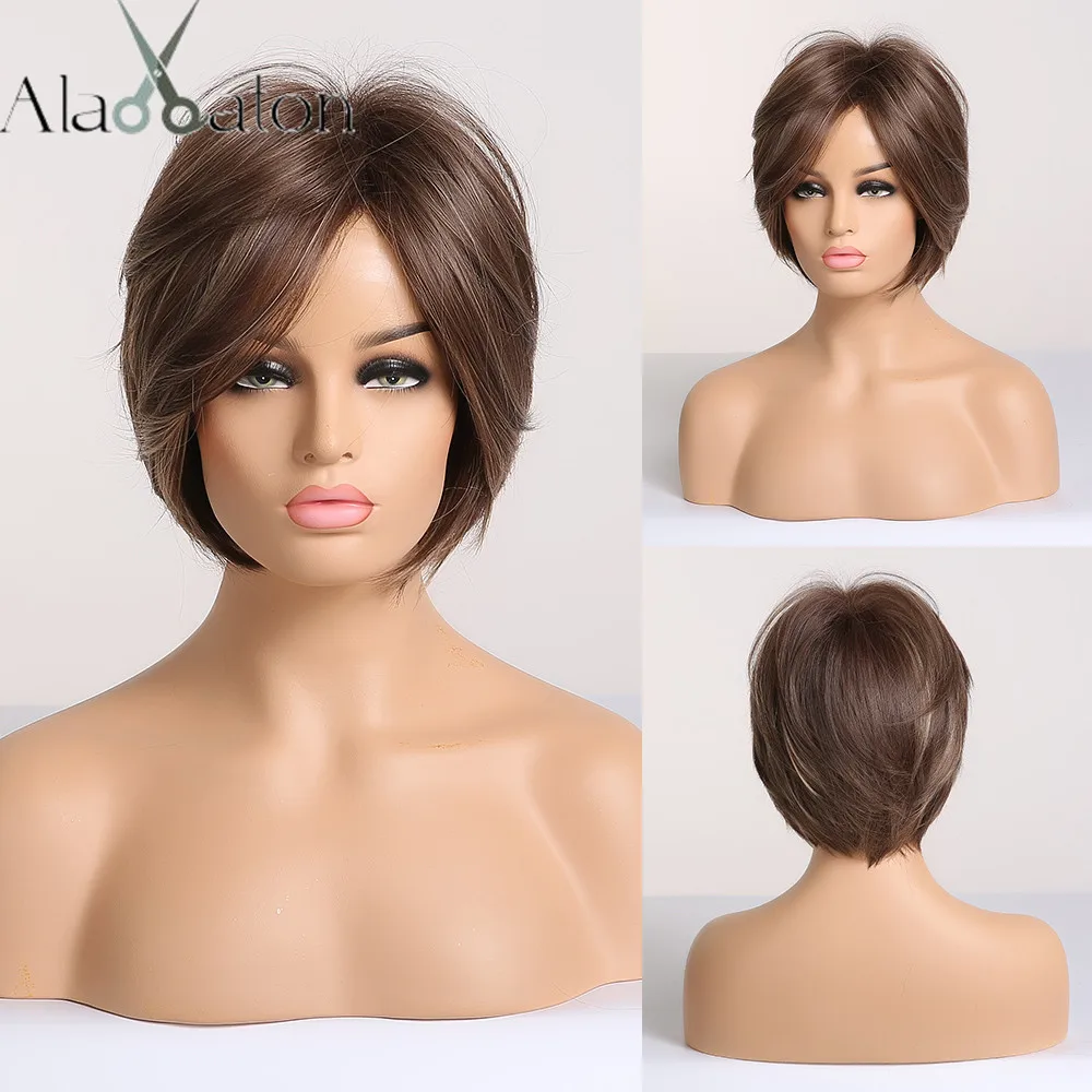 

ALAN EATON Short Straight Hair Wig Synthetic Hair Wigs for Black Women Brown Blonde Mixed Natural Hair Wigs with Side Bangs
