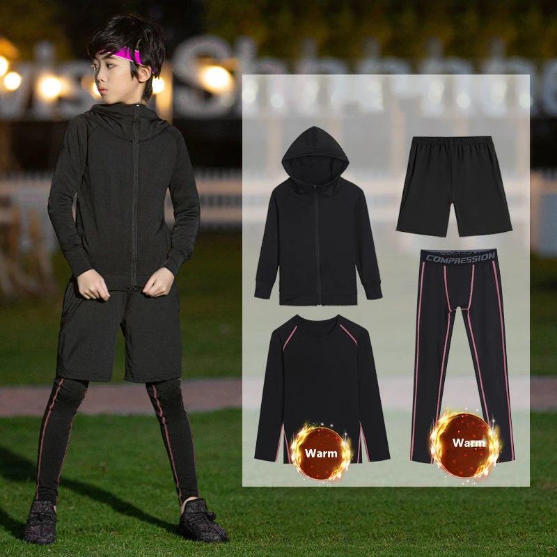 

Warm 4 Pieces Running Set Kids Men's Sports Suits Jogging Basketball Underwear Sportswear Gym Fitness Tracksuit Training Clothes