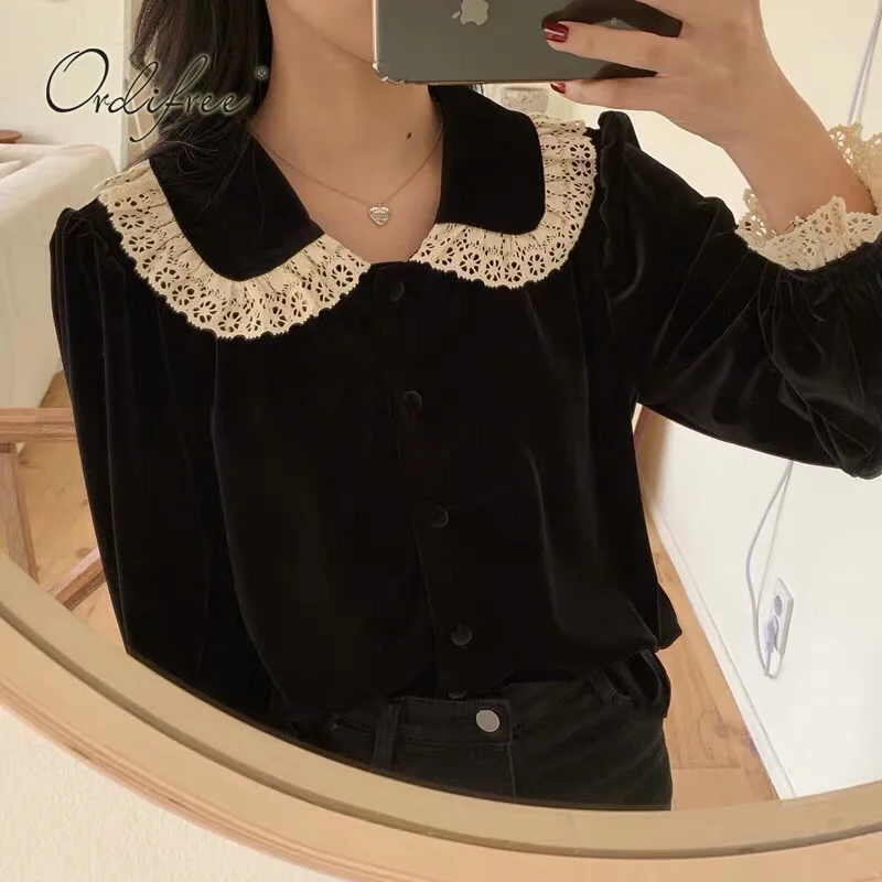 

Ordifree 2021 Summer Women Velvet Blouse Shirt Long Sleeve Fashion Vintage Lace Crochet Blouse Tops