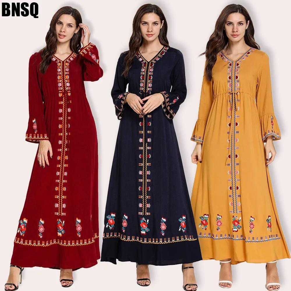 Платья с вышивкой BNSQ 2019 женский мусульманский свободный однотонный халат abaya