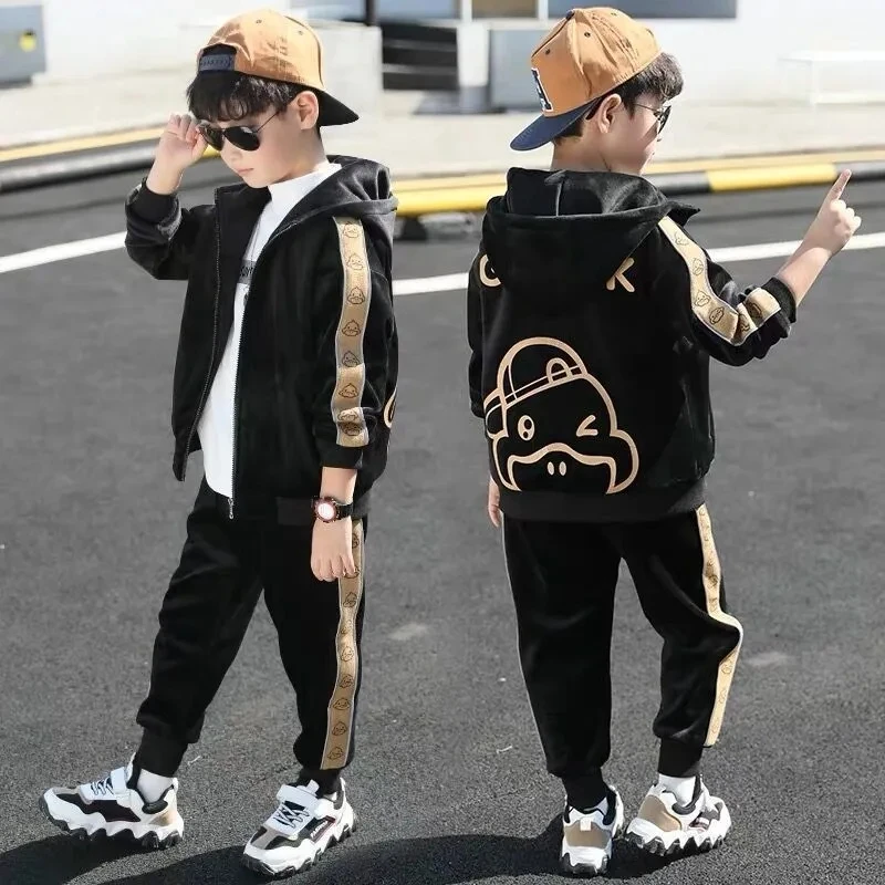 

Boys' Autumn and Winter Clothing Set 2-Piece Hooded 2021 New Children's Winter Warm Double-Sided Plush Thickened Boys' Clothing
