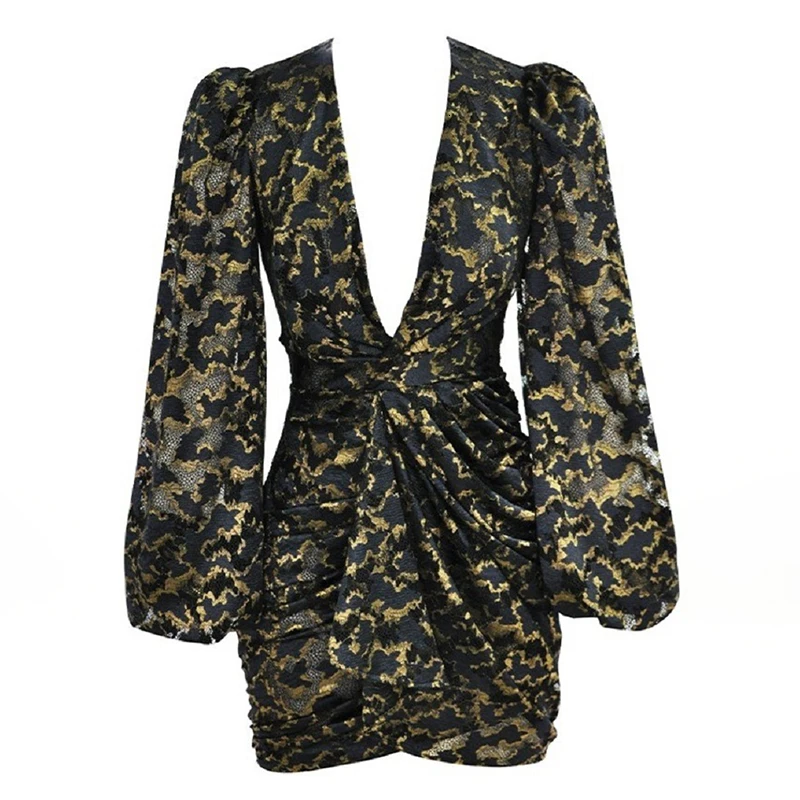 Асимметричное женское платье с V-образным вырезом и длинными рукавами-фонариками