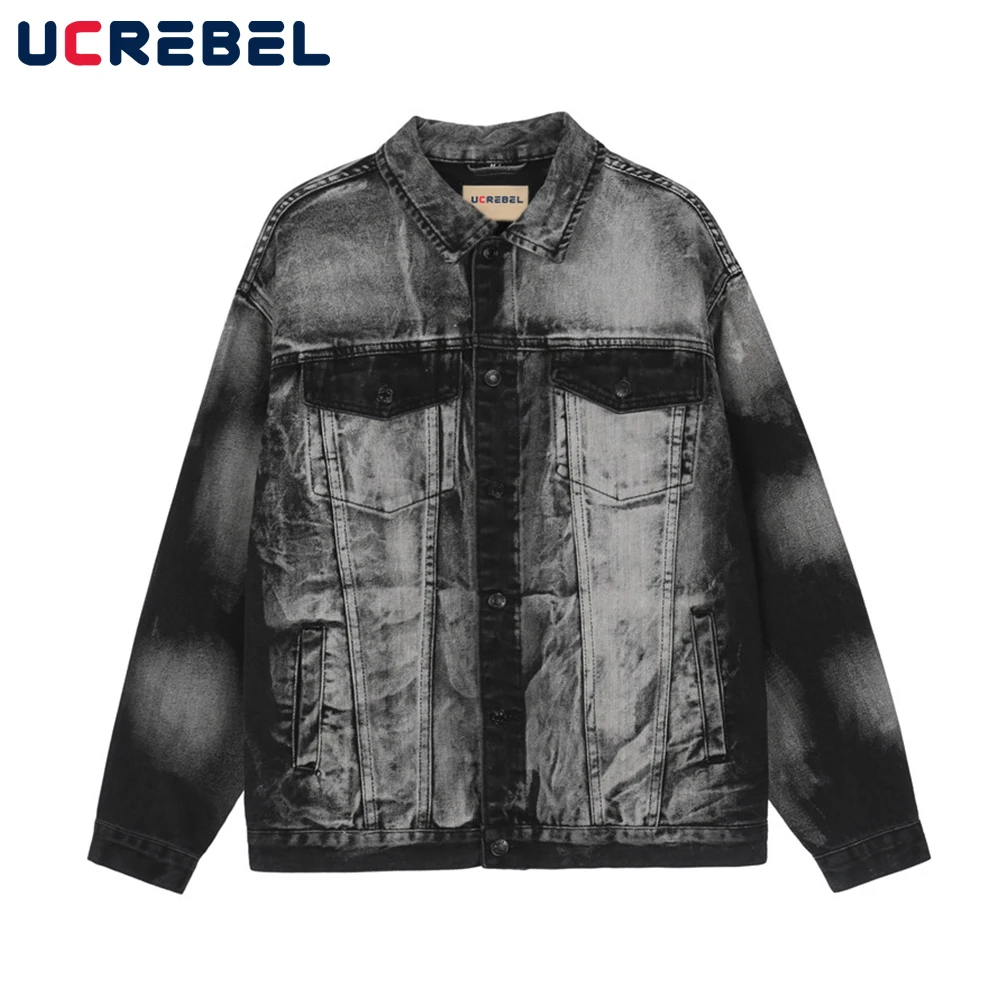 

Tie-dye Distressed Denim Jacket Mens High Street Casual Jeans Jacket Streetwear Autumn Loose Long Sleeve Lapel Outerwear Men