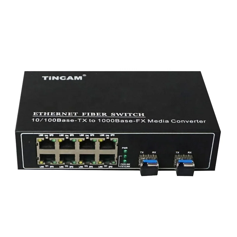 

TINCAM 10/100/1000Mbps 2 Sfp Fiber Port+ 8 Rj-45 Port Switch Optic Media Converter 10 Ports Optical