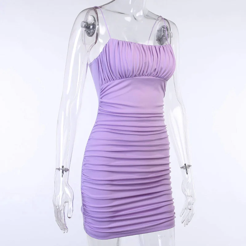 

Fashion Ruched Party Dresses For Women Sling Sleeveless Purple Black Mini Dress Clubwear Slim Skinny