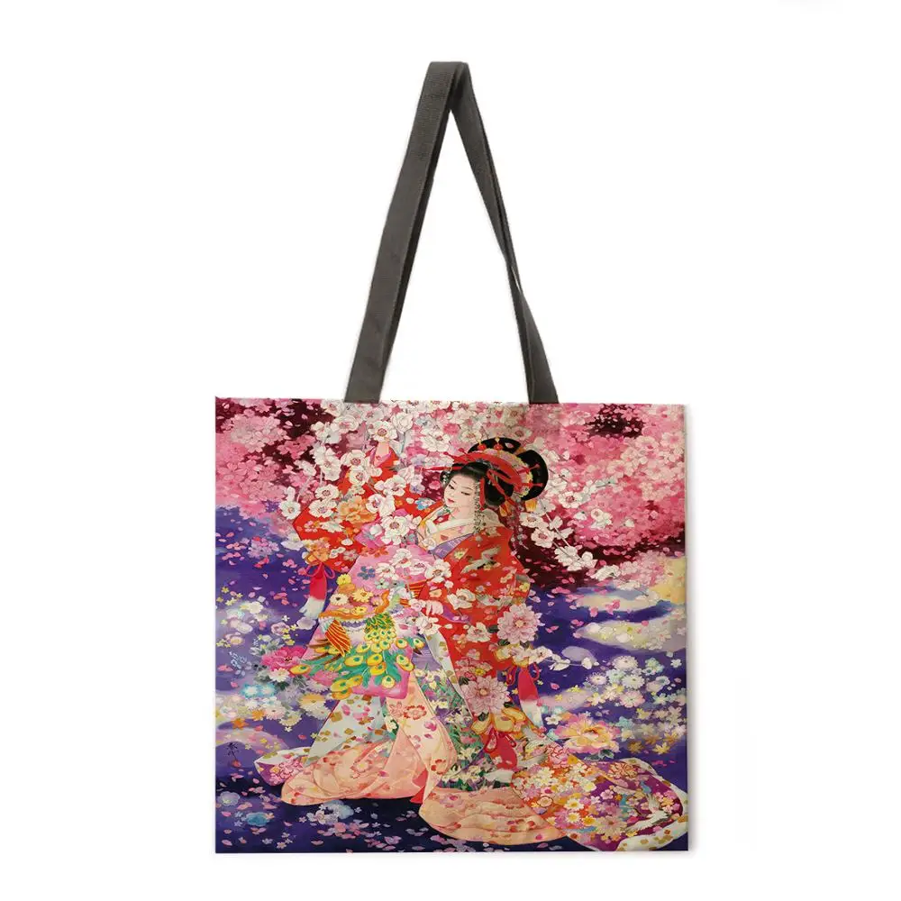 

Kimono woman like traditional linen shopping bag reusable handbag women's shoulder cloth bag foldable linen bag beach tote bag