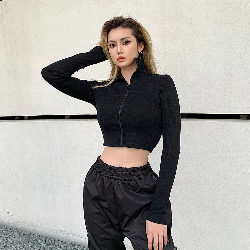 Rockmore Bodycon White Knitted Ribbed Zipper Women T-Shirt Streetwear Cotton Long Sleeve Femme T Shirts Crop Tops Tees Autumn