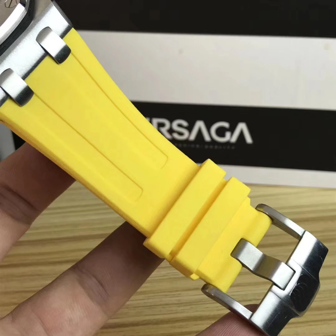 

Classic New Men Automatic Mechanical Sapphire Back See Through Silver Yellow Rubber Stainless Steel Sport Watch