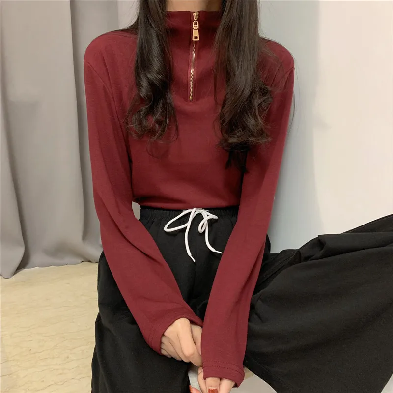 

Women T Shirt Spring New Solid Basic Zipper Casual Slim Thin Top Female Long Sleeve Turtleneck Stretch Fashion Korean Tees Femme