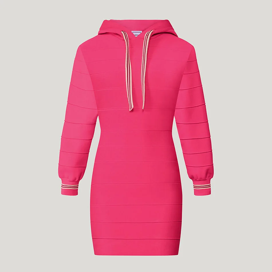 Осенне зимний свитер с капюшоном розового и красного цвета облегающее мини