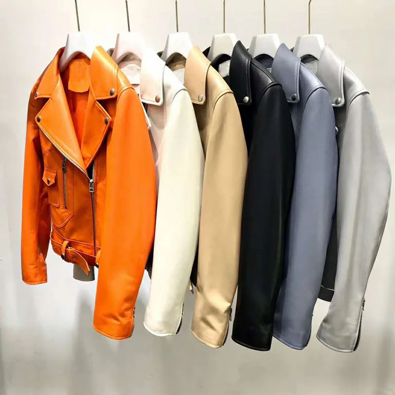 

2021 Arrival New Women Coat Spring And Autumn Genuine Leather Jacket Solid Six Colors Clothes Short Turn-Down Collar Outerwear