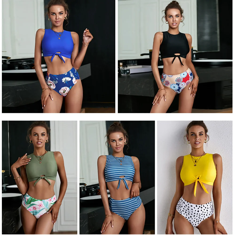 

Dot Multicolor Flower Striped Print Two Pieces Tight Sexy Bikini Fashion Nylon Bathing Suit Women High Waist With Pad Swimsuit