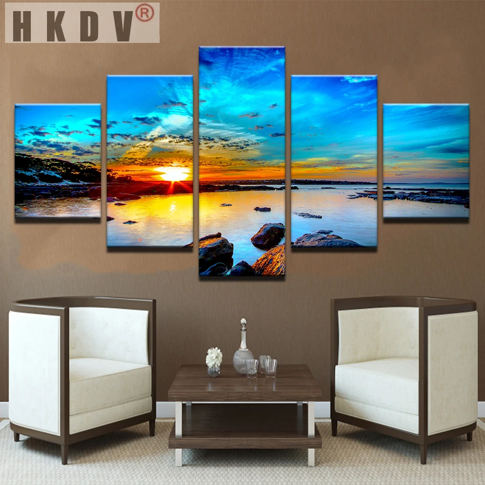 

HKDV Abstract 5 Panels Sunrise Seaview Canvas Paintings Framework Modular Pictures Vintage Posters Prints Home Decor Living Room