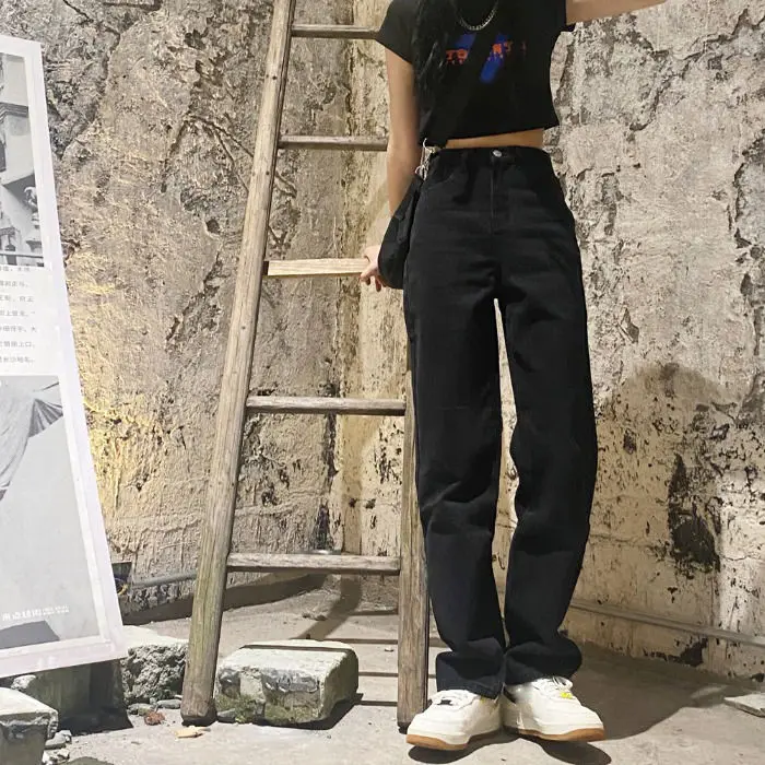 Autumn New Denim Back Women Jeans High Waist Loose Straight Pants Casual Female black Trousers Large Size Mom Long Pants