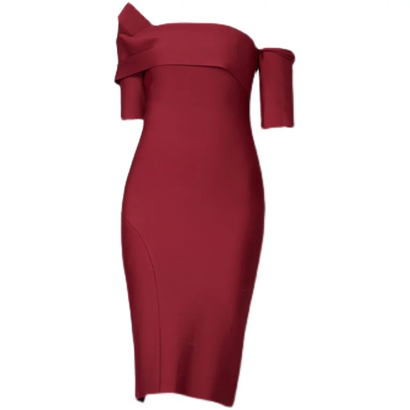 

Elegant Red Dress High Waist One Shoulder Midi Party Dress Short Sleeve Midi Sheath Bodycon Dresses T3260
