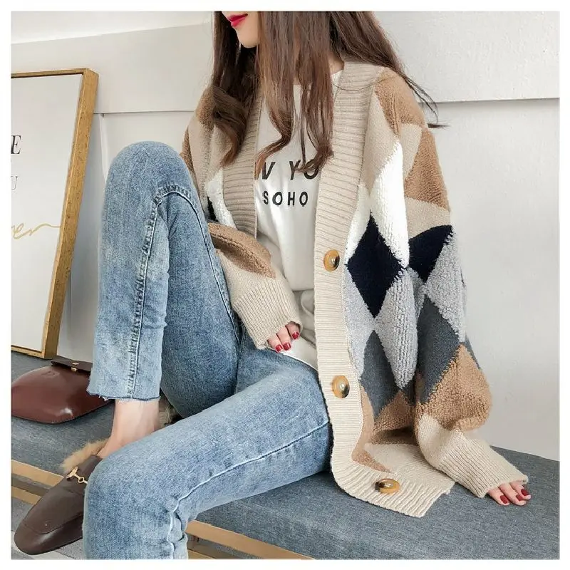 

Women's Fashionable Knitted Cardigan Argyle Pattern Single Breasted Long Sleeves Knitting Long Cardigans Autumn Winter 2021