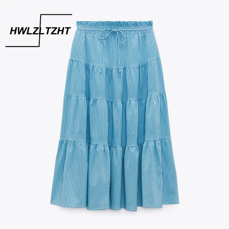 

HWLZLTZHT женские юбки 2021 Мода синий плед плиссированная юбка с завышенной талией женские шикарный галстук-бабочка, женская одежда Повседневна...