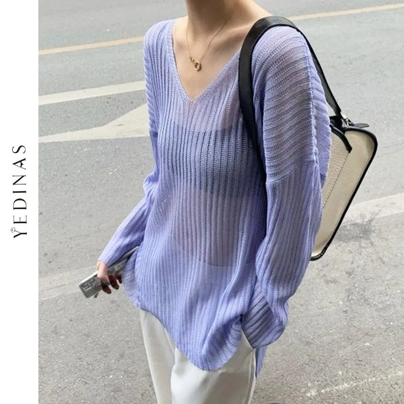 

Yedinas Loose Knitted Through T Shirt Women Clothes V Neck Long Sleeve Solid 2021 Autumn Korean Tee Shirt Femme Ladies Tops