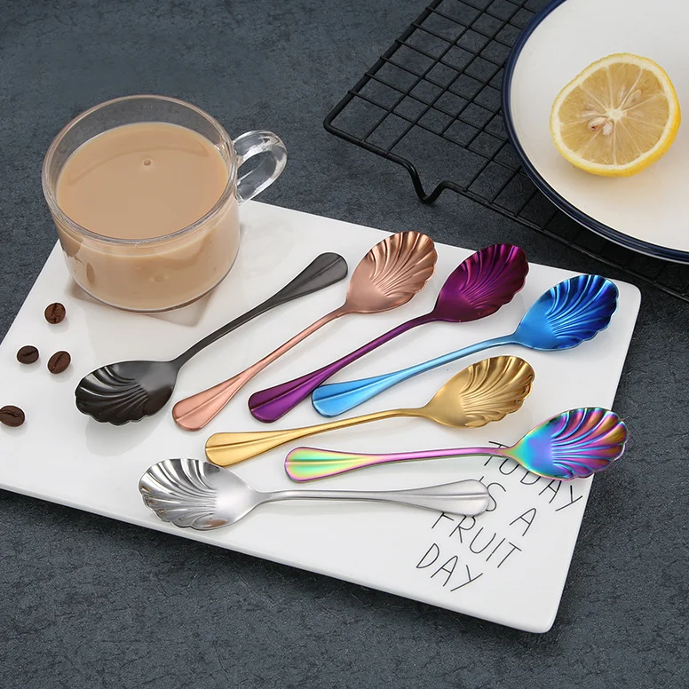 Цветной столовая ложка нержавеющая сталь из ракушки Мороженое ложки кофе