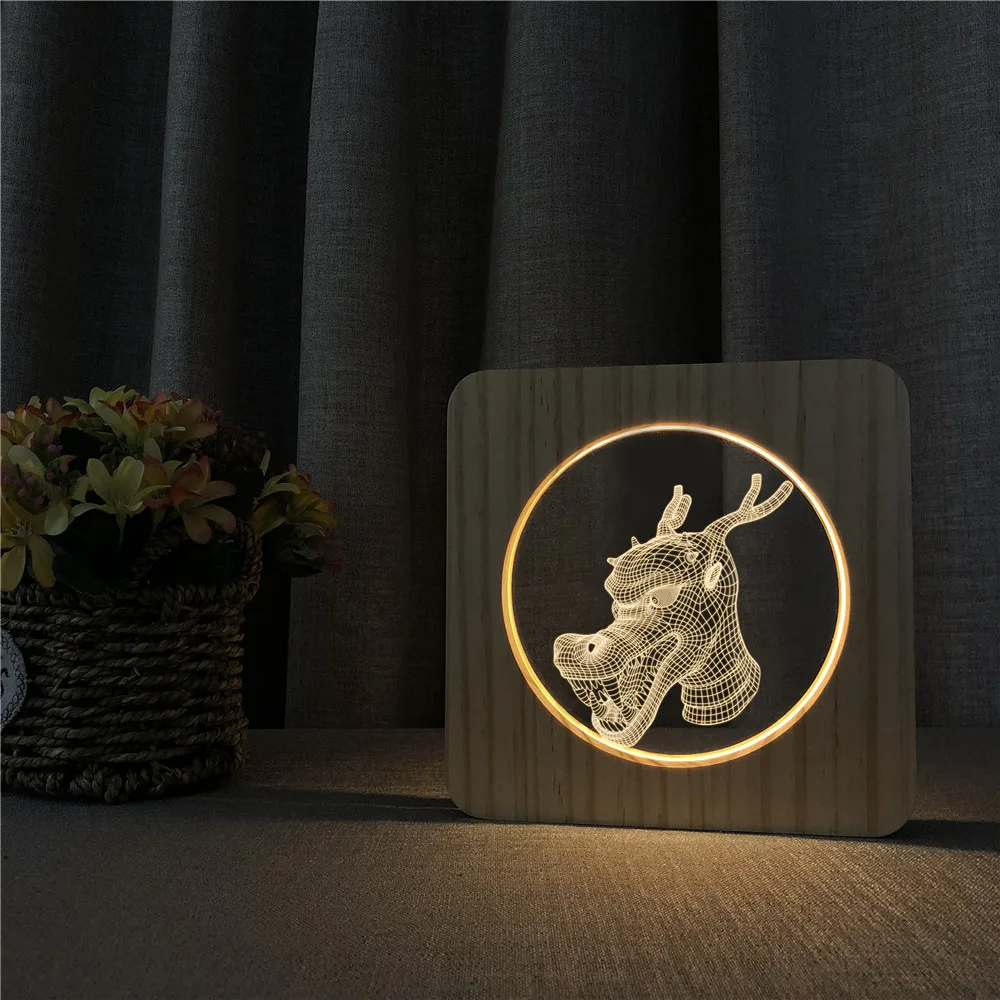 Голова дракона 3D Деревянный светодиодный ламповый светильник переключатель