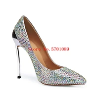 silver rhinestone pointed toe stiletto heels genuine leather diamonds iron heel bling bling wedding shoes pointed toe 120mm