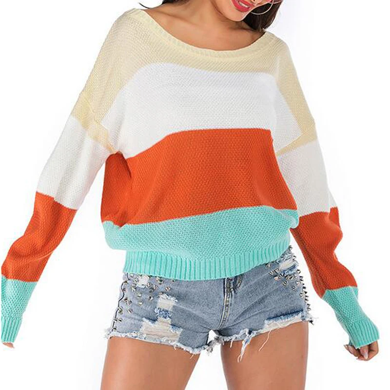 

Women Loose Colorblock Sweater Stripe Long Sleeve Pullover AM0992
