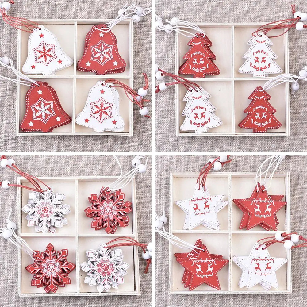 

12 шт./лот Деревянные Подвески DIY Белая и Красная рождественская елка/украшения в виде звезд для дома, украшения для рождественской елки, детс...