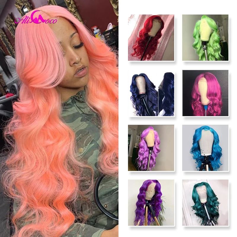 ALI Coco зеленый волнистый желтый парик на сетке спереди розовые красные светильник