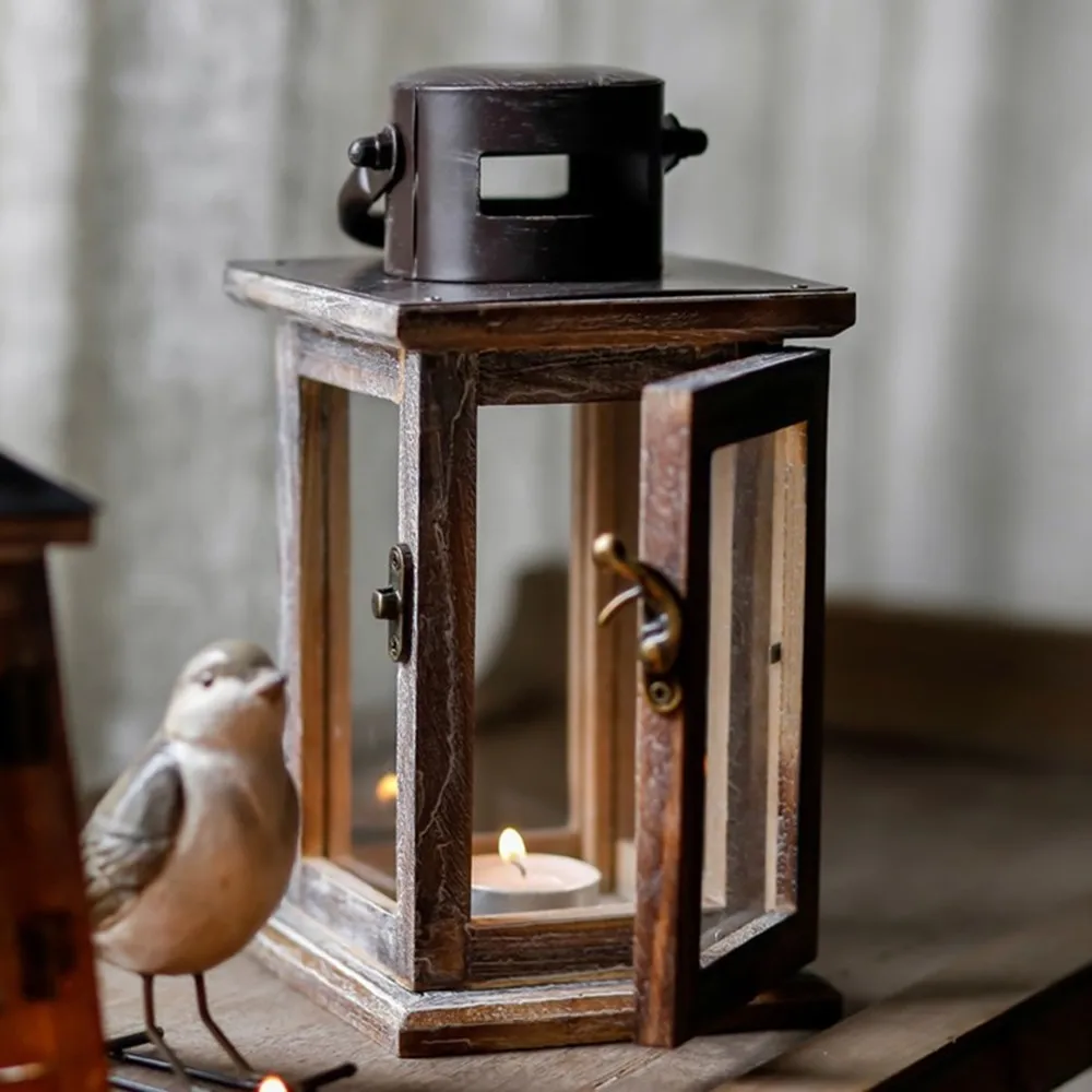 B 11.5X11.5x22.5cm Gray Wind Light Candle Holders Wrought Iron Candlestick Wooden Wind Light Castle Lighthouse Decor Vintage Old Charcoal Color - Цвет: B 11.5X11.5x22.5cm