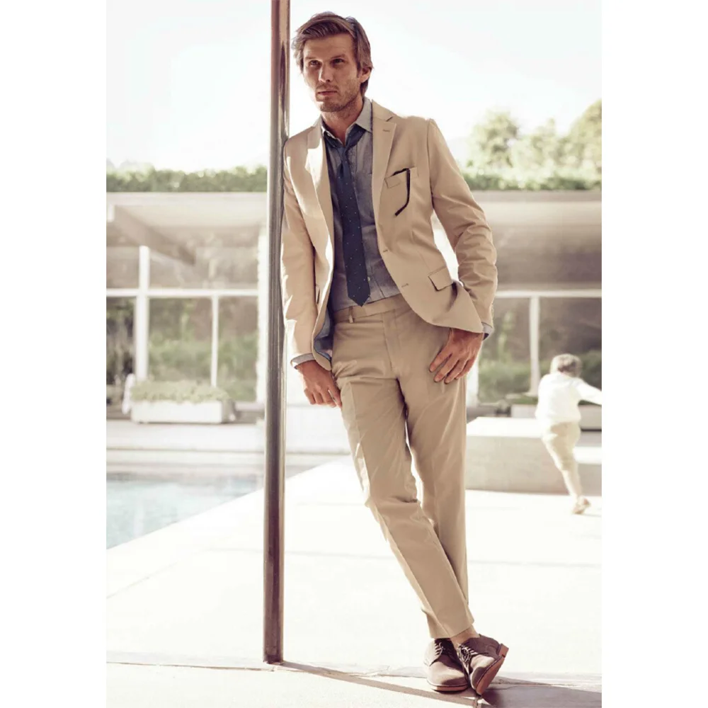 

Индивидуальный заказ бежевый Бизнес мужской костюм, заказ 2 кнопки лацкан с тупым углом; Смокинг на свадьбу, изготовленный на заказ, костюм ж...