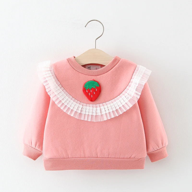 pink Топы для маленьких девочек, хлопковые толстовки с изображением клубники, свитшот, одежда для девочек, Осень-зима, Вельветовая плотная футболка с младенцем для малышей - Цвет: pink