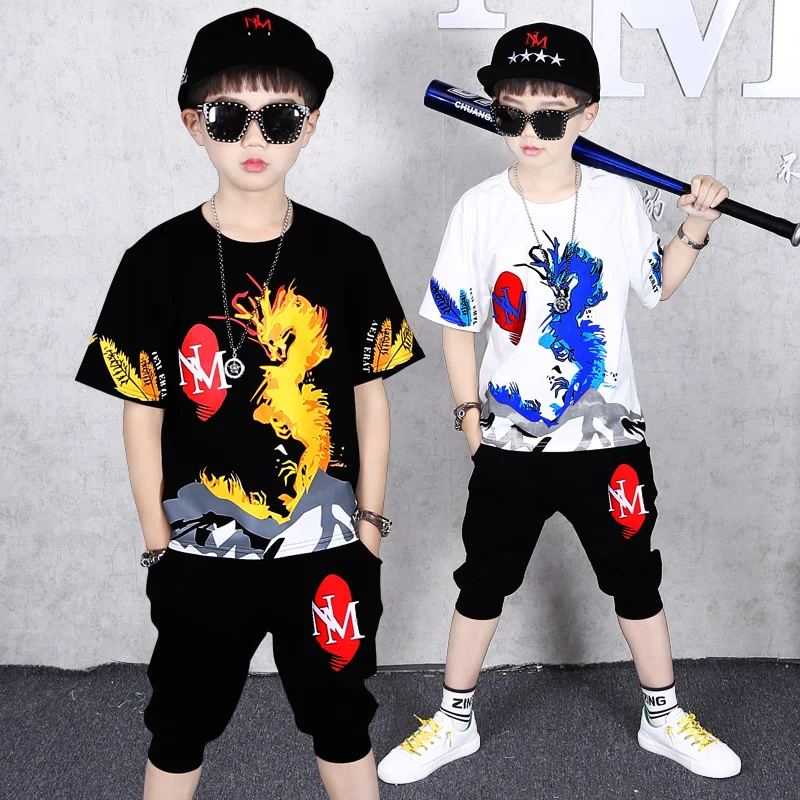 

2021 Summer Kids Clothes Boys Fashion splicing Short Sleeve Tops t shirt & Pants tracksuit Children Sport Suit 4 6 8 10 12 Year