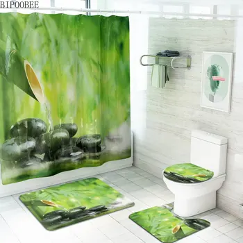 Bamboo Dripping Water Shower Curtain Zen Stone Green Forest Non-Slip Rug Toilet Lid Cover Bath Mat Fabric Bathroom Curtains