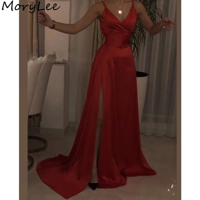 

Prom Dresses Red V-Neck Spaghetti Straps Side Slit Satin A-Line Prom Dresses With Zipper Back vestidos de fiesta de noche