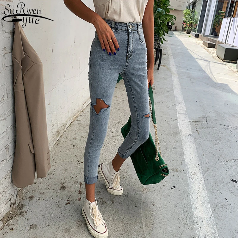

Korean Cotton Vintage Slim Cool Denim Jeans Woman Autumn High Waist Jeans Fashion Hole Ripped Jeans Woman Skinny Blue 10416