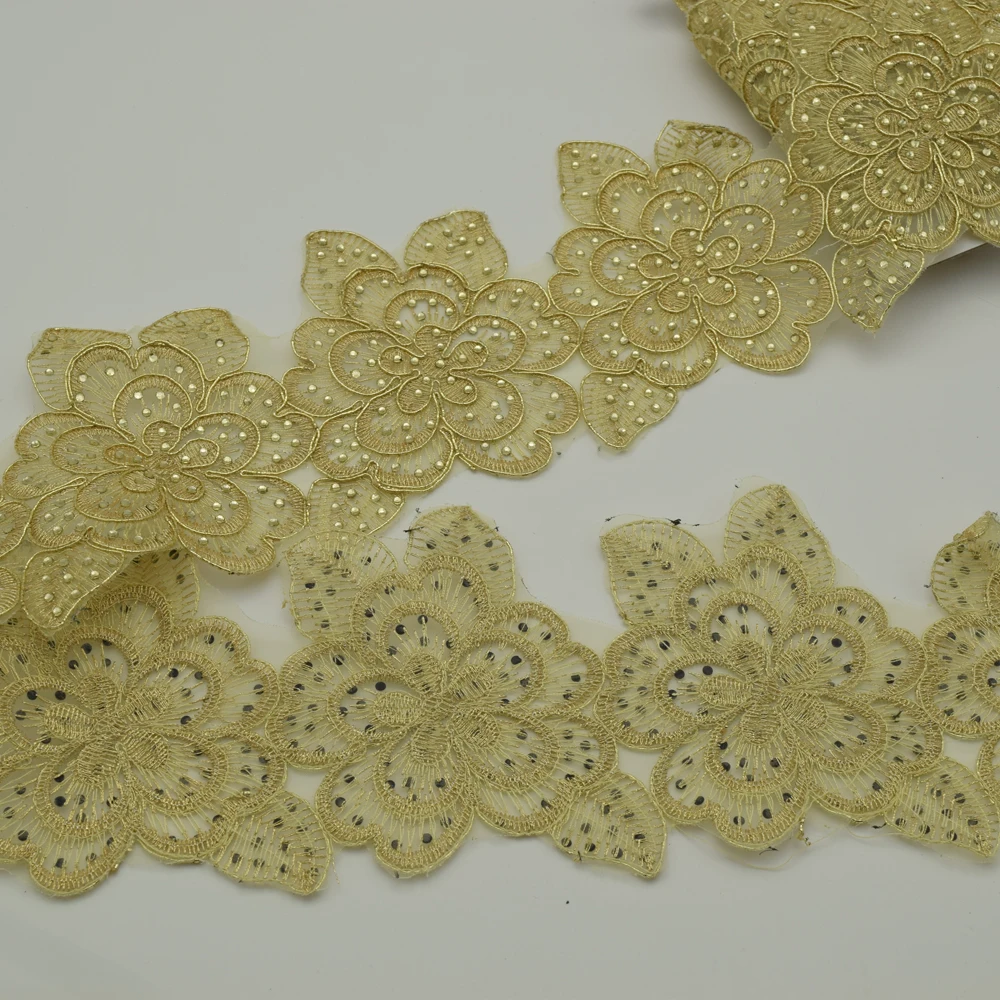 

10yards Gold Sewing on Embroidered Rhinestone lace trim Bridal Wedding tulle Veil trim wide:8.5cm
