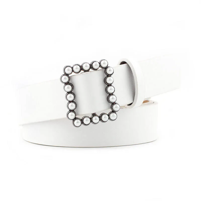 

Square Buckle Inlaid Pearl Decoration Sweet Style Waistband Female PU Leather Belt Women Fashion Wide Solid Color Waist Band