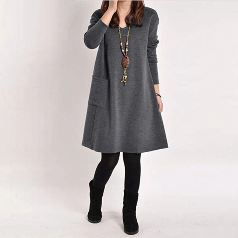 Autumn Dress For Women Long Sleeve Pocket Solid O Neck Casual Loose Party Dresses Fashion Vestidos Plus Size S-5XL | Женская одежда